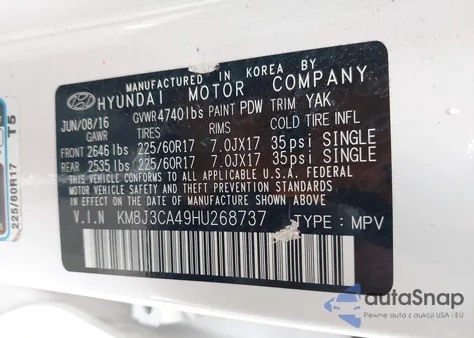 2017 Hyundai Tucson Se z USA, uszkodzony, nr VIN KM8J3CA49HU268737